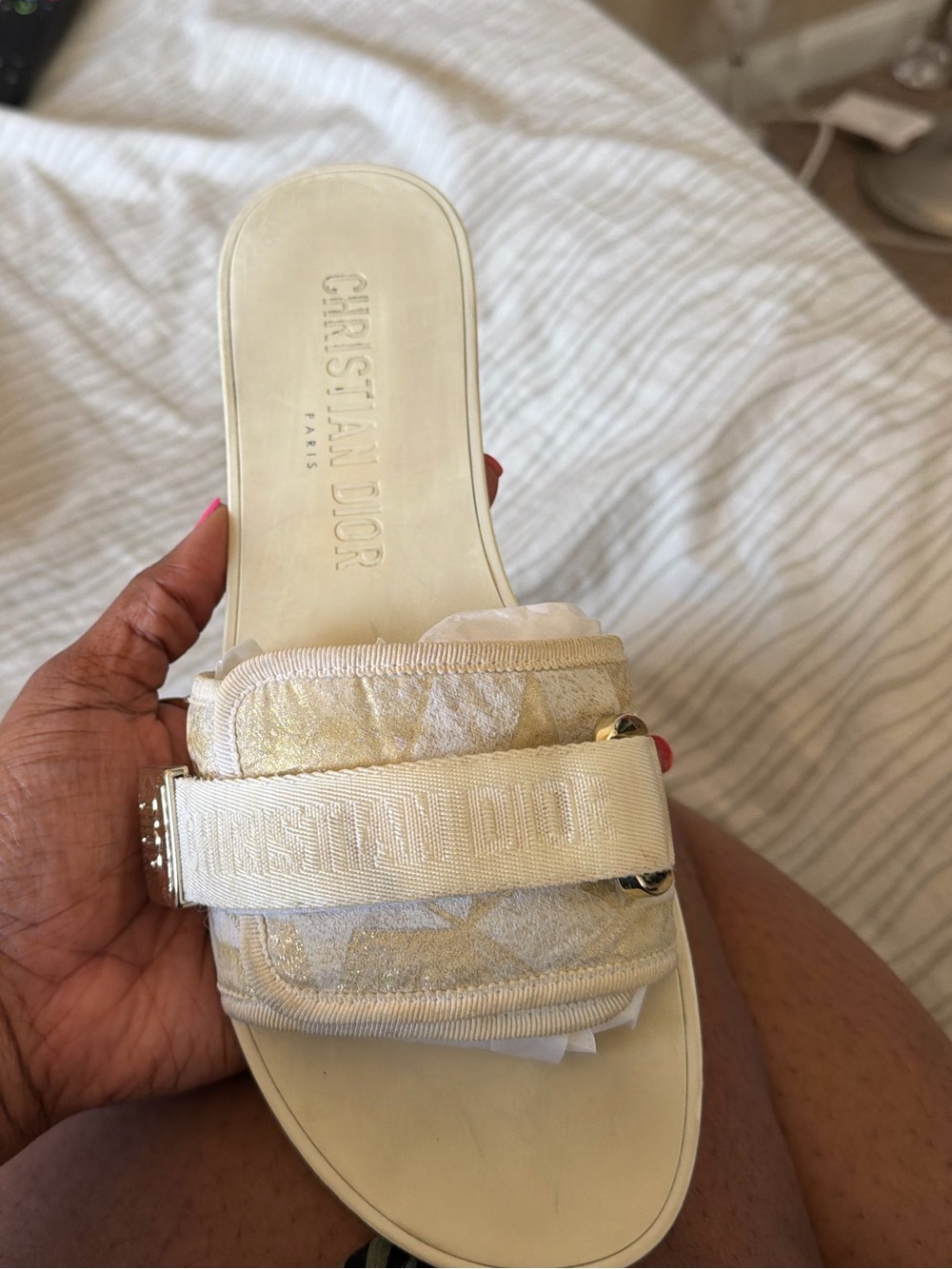 Dior Cream Slide Mules with Gold Accents - Picture 2 of 3